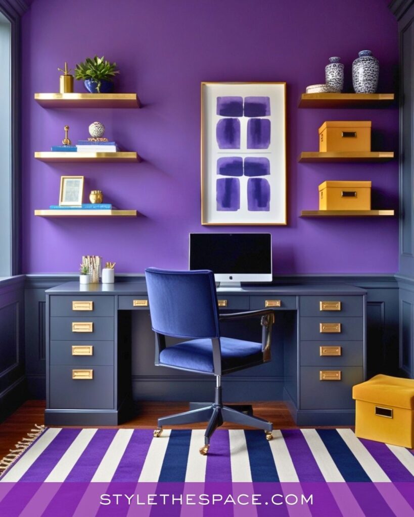 Modern Purple Home Office with Bold Blue and Gold Details