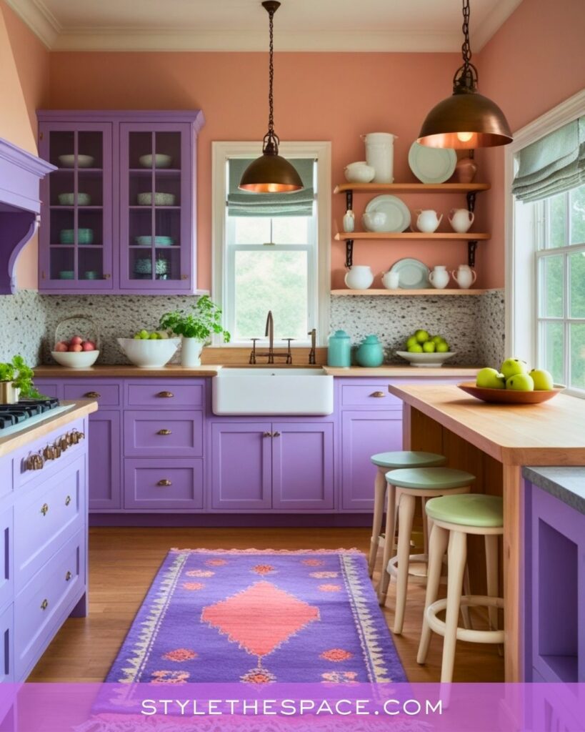 Playful Purple Kitchen With Peach Walls and Soft Pastel Accents
