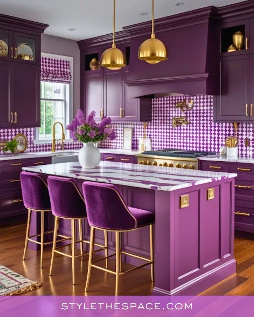 Luxurious Purple Kitchen With Gold Accents and Patterned Tile