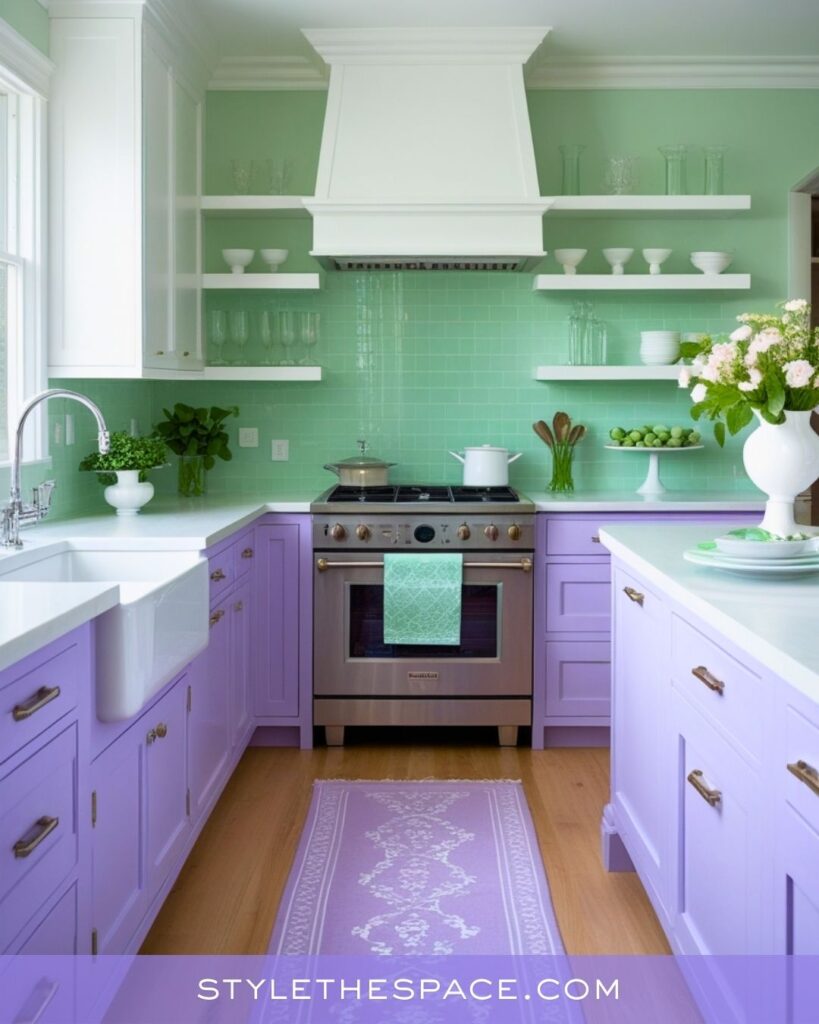 Fresh Lavender Kitchen With Mint Green Walls and Bright White Accents