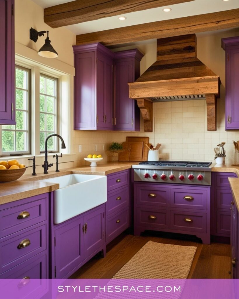 Rustic Purple Kitchen With Natural Wood and Warm Neutral Tones