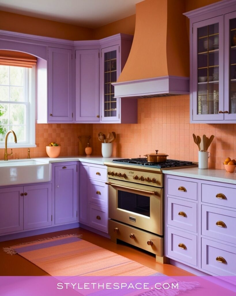 Pastel Purple Kitchen With Warm Orange Tones and Soft Vintage Charm