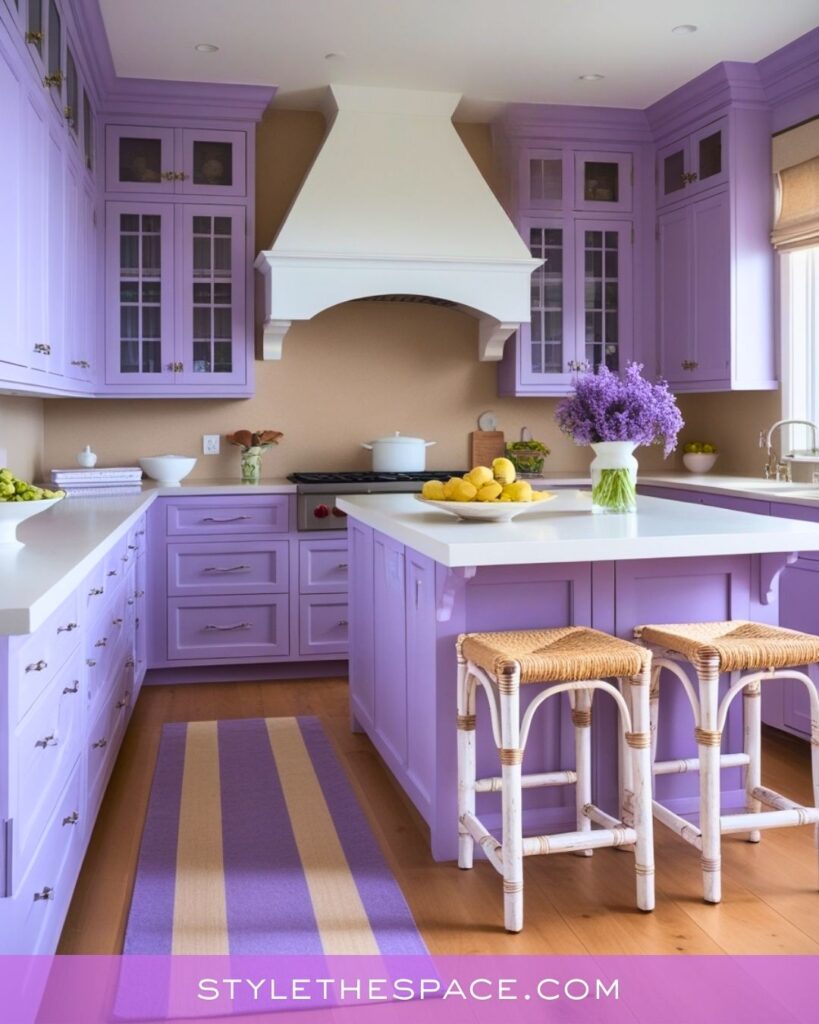 Soft Lavender Kitchen With Cream Accents and Warm Natural Textures