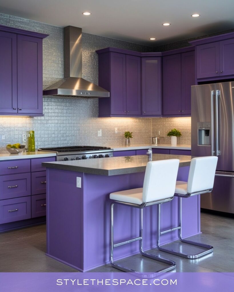 Sleek Purple Kitchen With Metallic Finishes and Modern Style