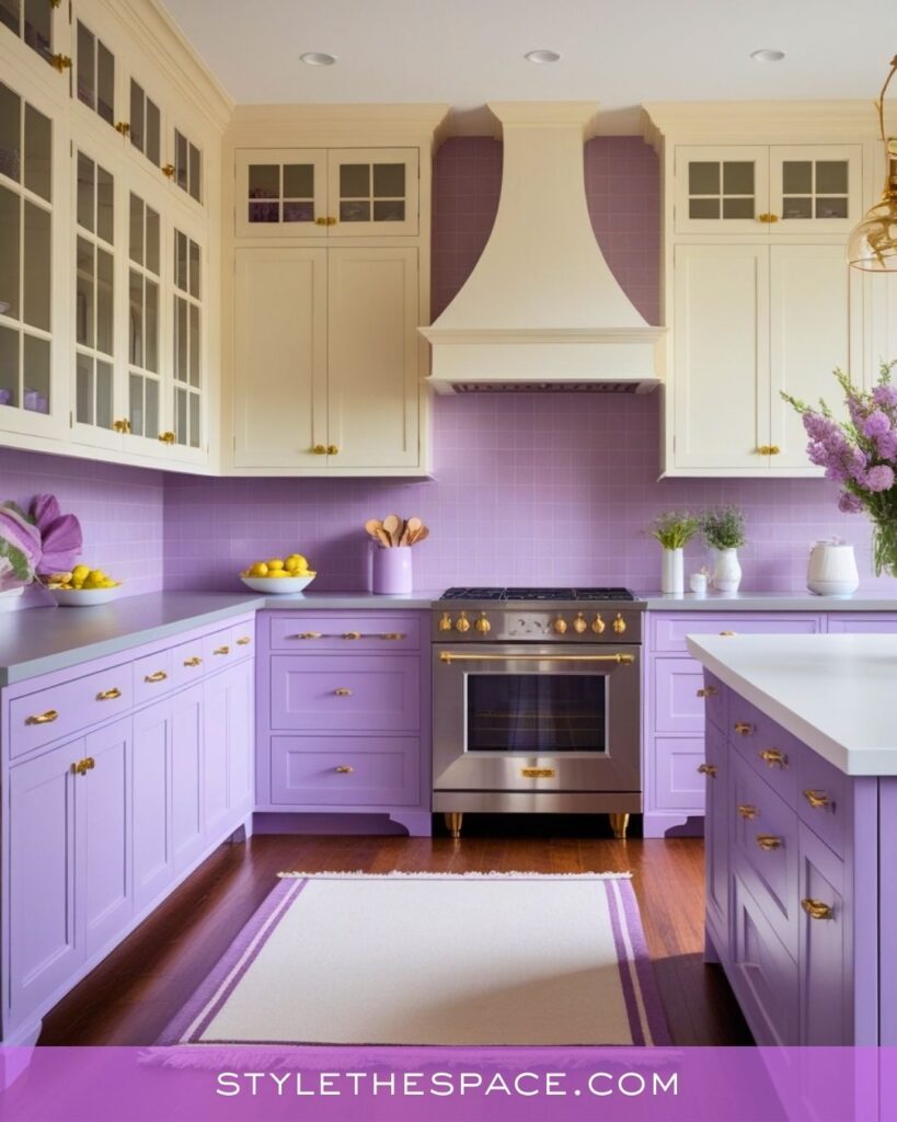 Lavender Kitchen With Cream Cabinets and Elegant Gold Details