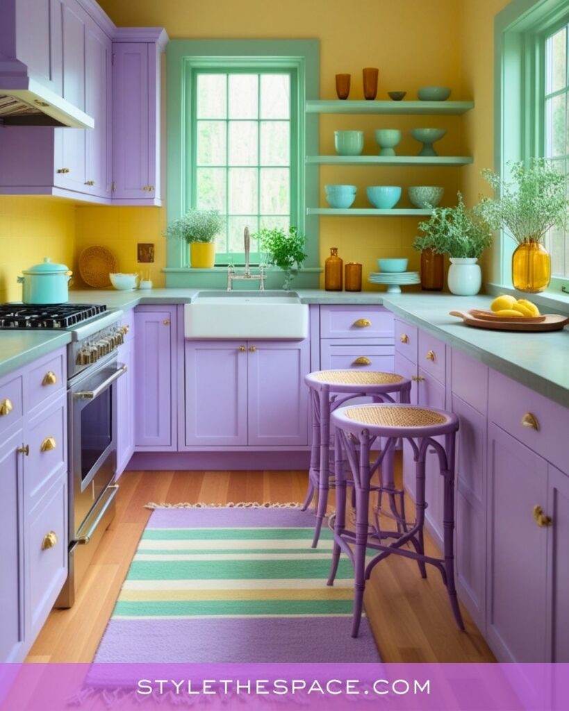 Vibrant Lavender Kitchen With Mint Green and Sunny Yellow Accents