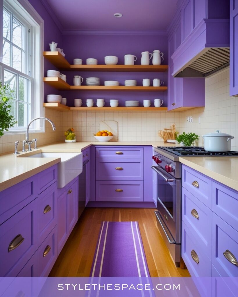 Soft Lavender Kitchen With Warm Natural Accents