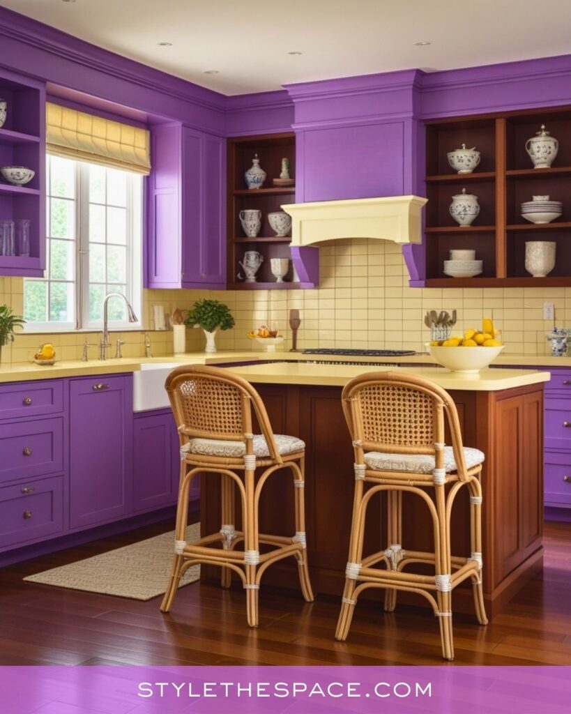 Vibrant Purple Kitchen With Warm Yellow and Rich Wood Accents