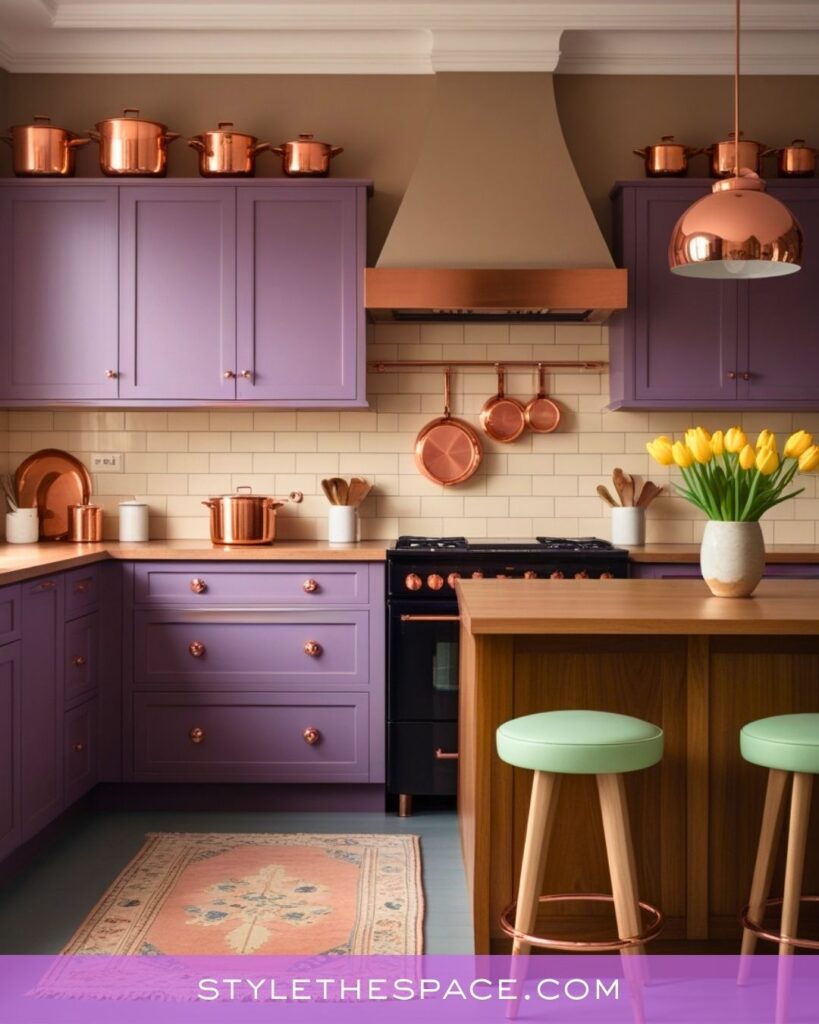 Lavender Kitchen With Copper Accents and Warm Classic Style