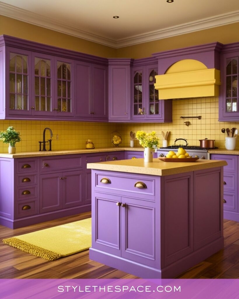 Bold Purple Kitchen With Sunny Yellow Accents and Classic Detailing
