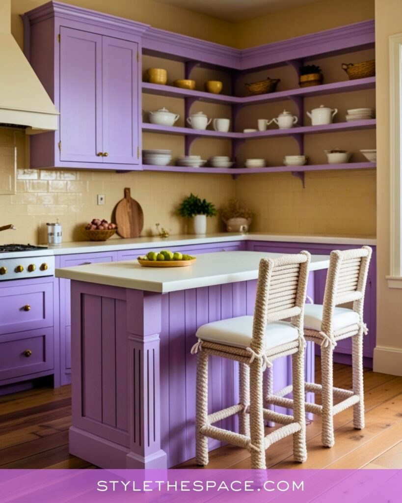 Soft Purple Kitchen With Warm Neutrals and Cozy Textures