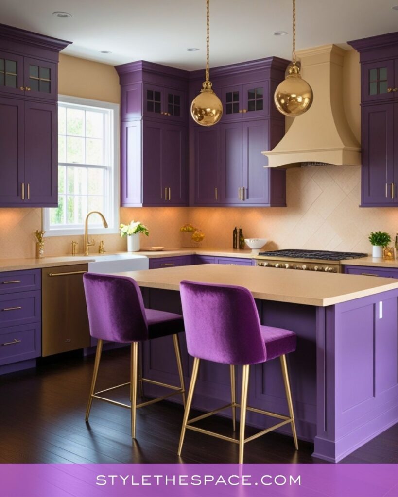Elegant Purple Kitchen With Gold Accents and Soft Neutral Balance