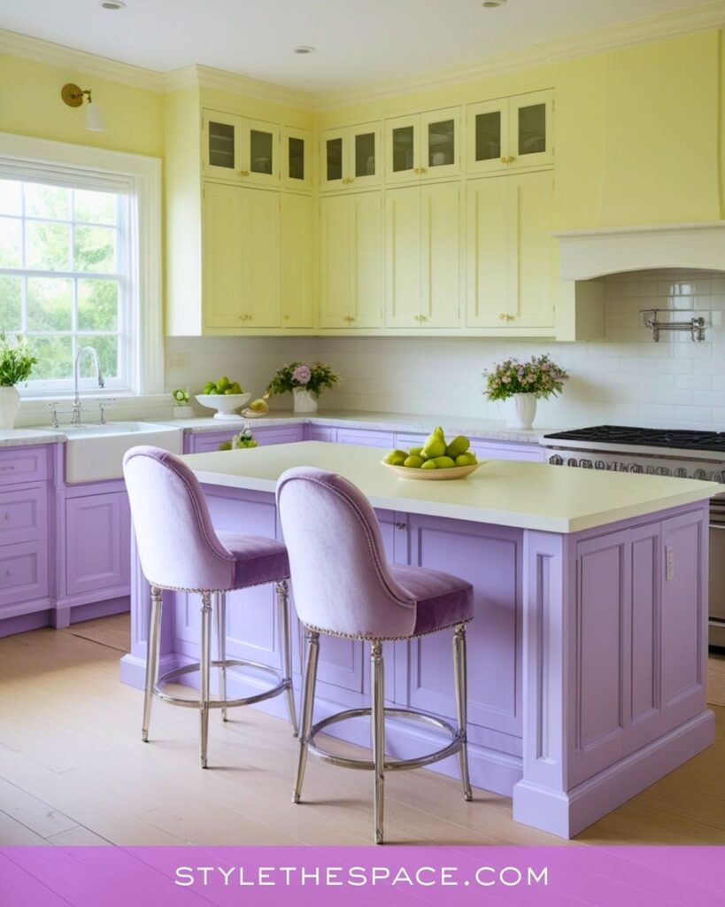Soft Lavender Kitchen With Light Yellow Cabinets and a Bright, Airy Look