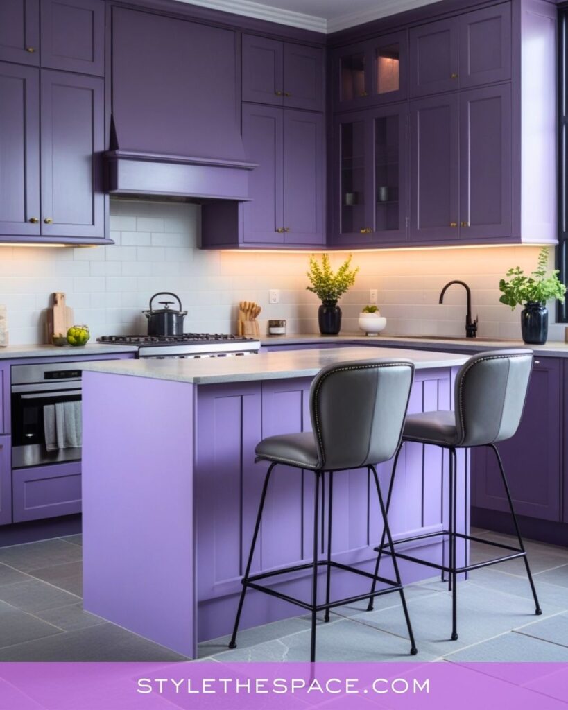 Modern Purple Kitchen With Cool Neutrals and Sleek Minimal Style