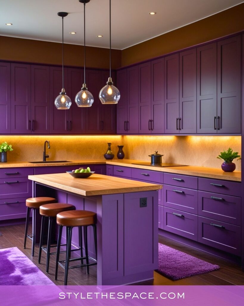 Deep Purple Kitchen With Warm Wood and Ambient Lighting