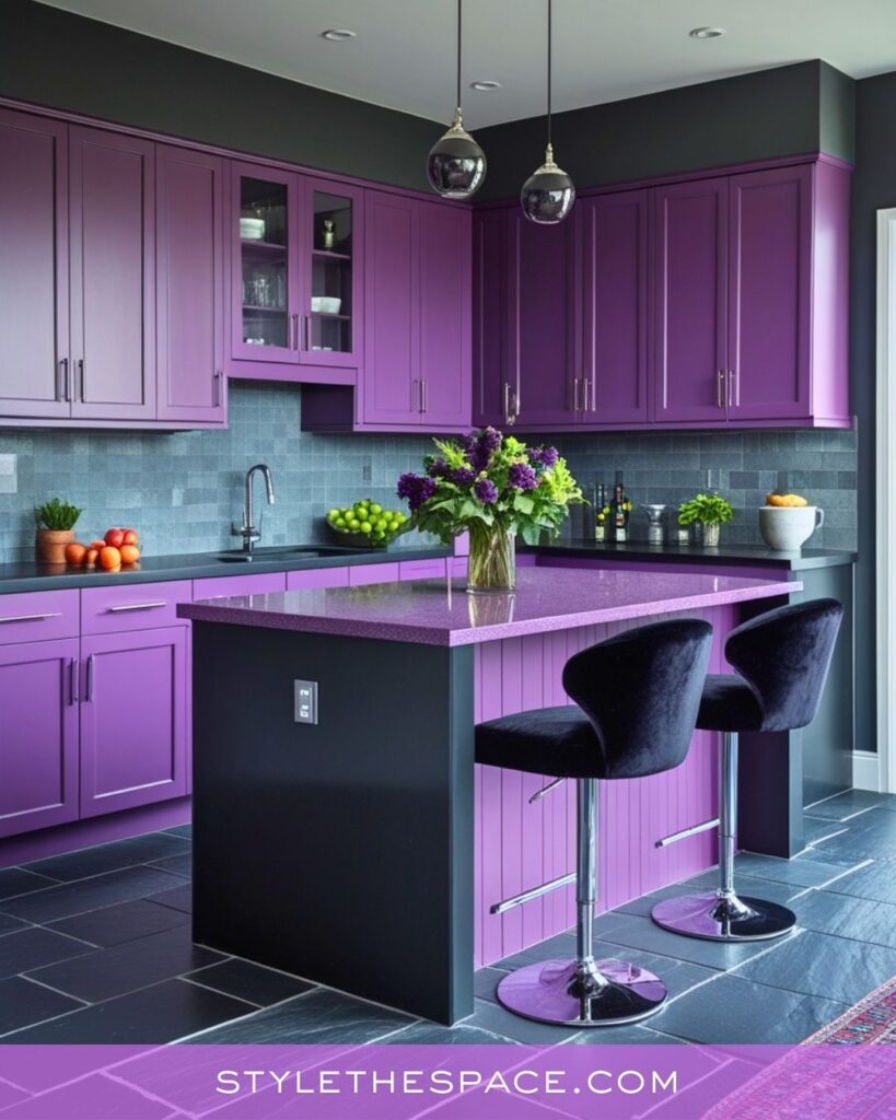Bold Purple Kitchen With Sleek Dark Accents