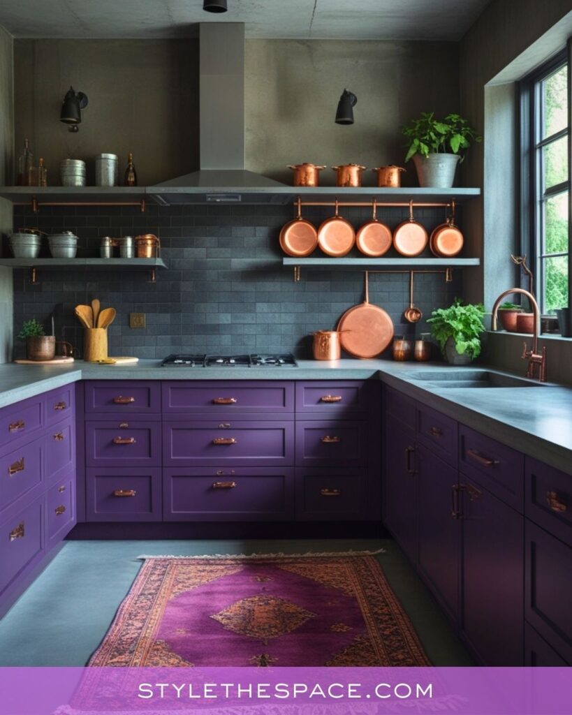 Purple Kitchen With Industrial Details and Warm Copper Accents