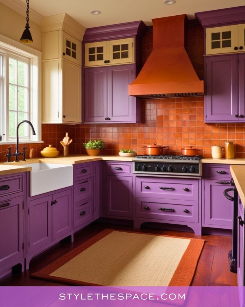 Purple Kitchen With Warm Terracotta and Soft Cream Accents