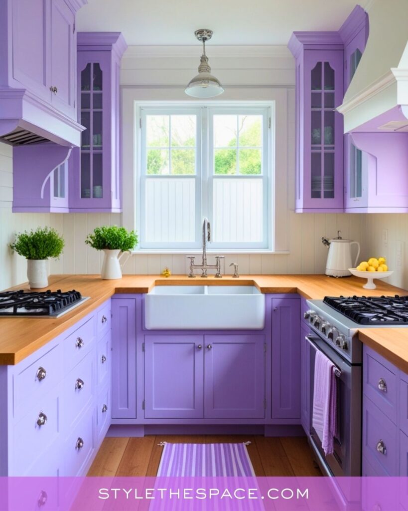 Bright Lavender Kitchen With Fresh White and Warm Wood
