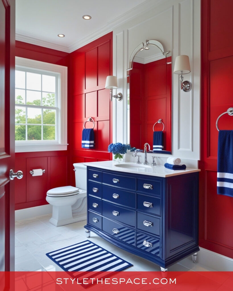 Red Bathroom With Navy Blue and Classic Paneling