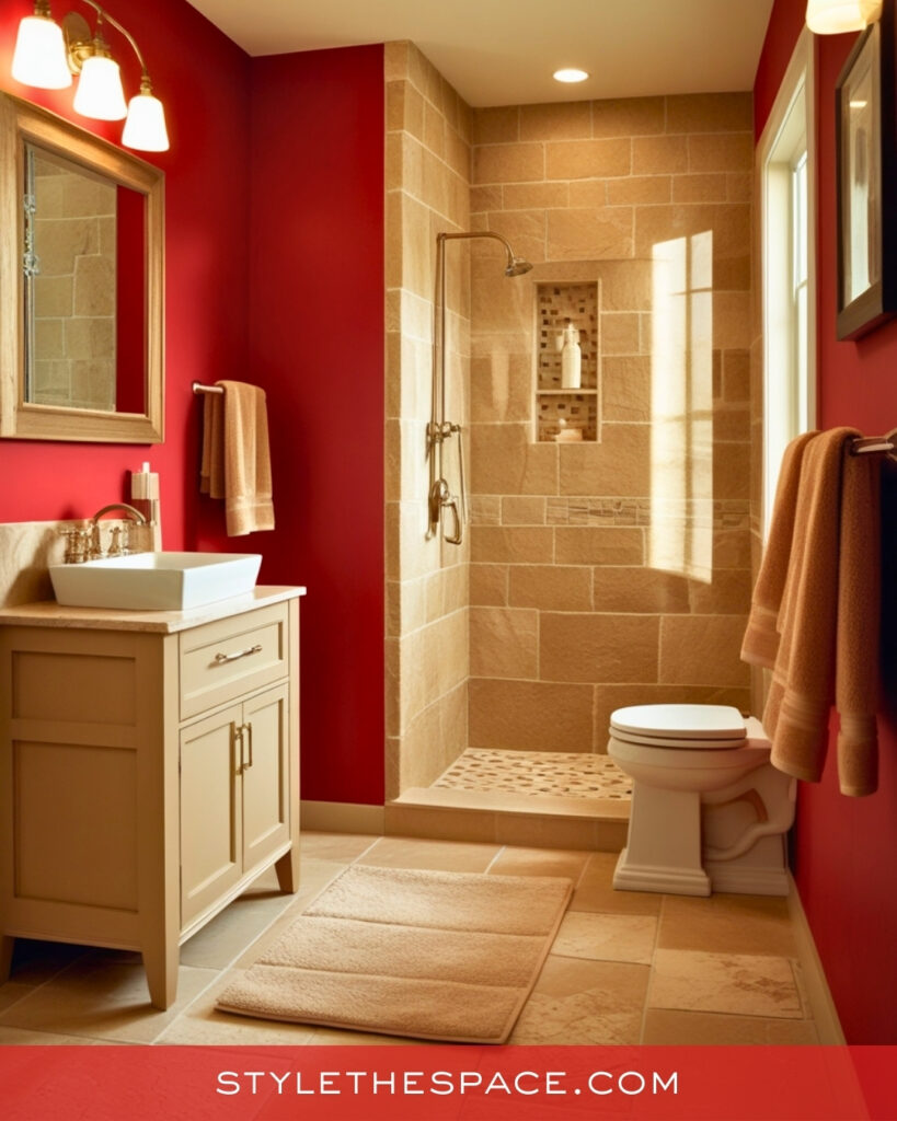 Warm Red Bathroom With Beige Stone Balance