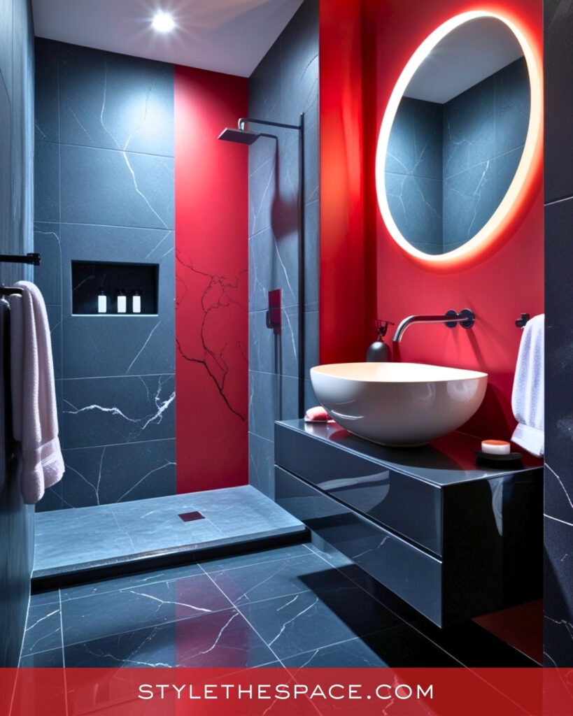 Sleek Red Bathroom With Black Stone Contrast