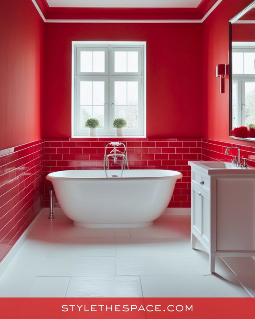 Red Bathroom With White Tile and Clean Modern Lines