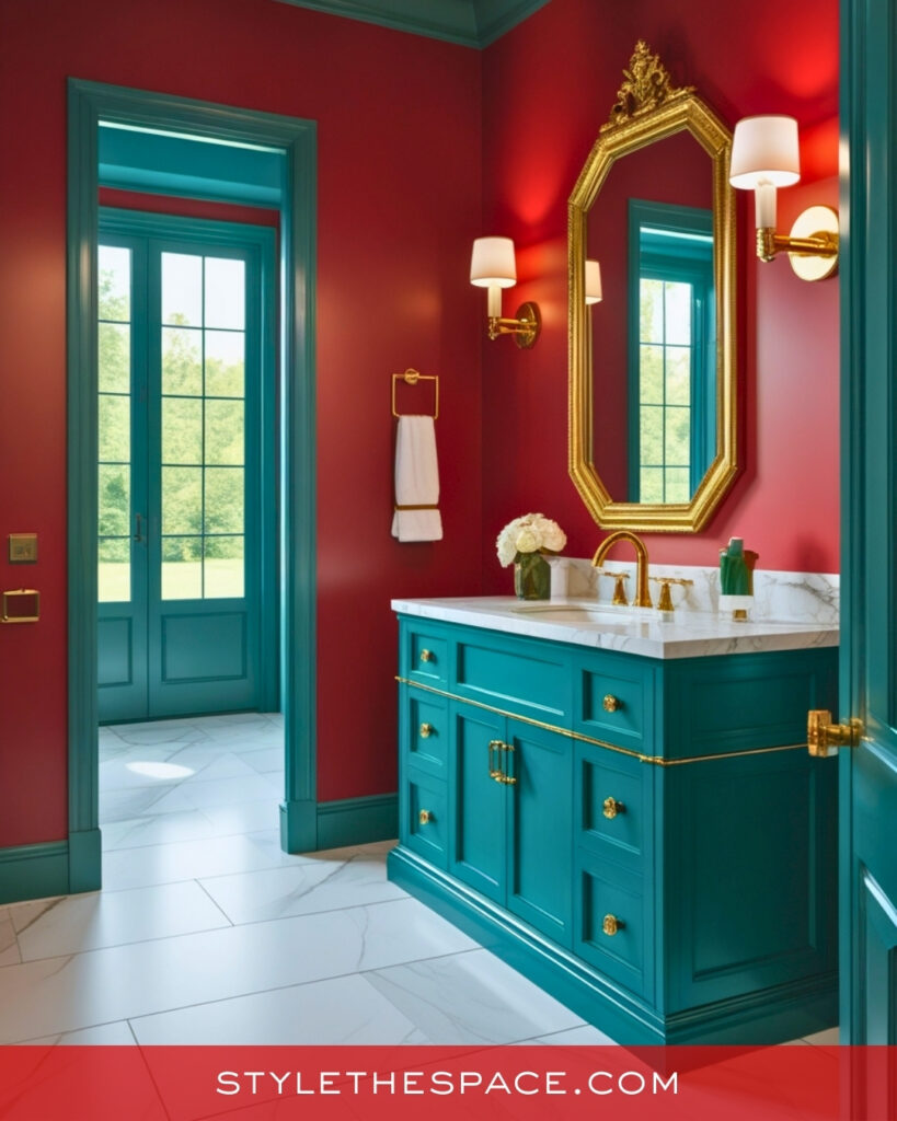 Red Bathroom With Teal and Gold Elegance