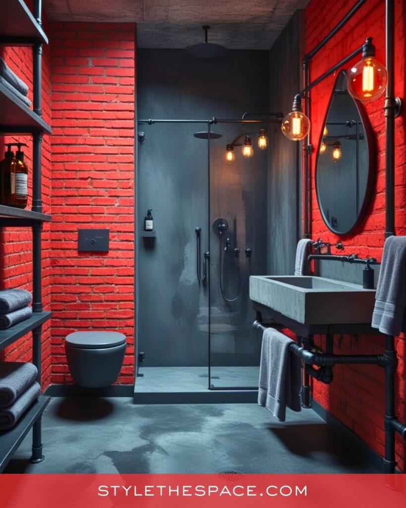 Industrial Red Bathroom With Exposed Brick and Dark Accents