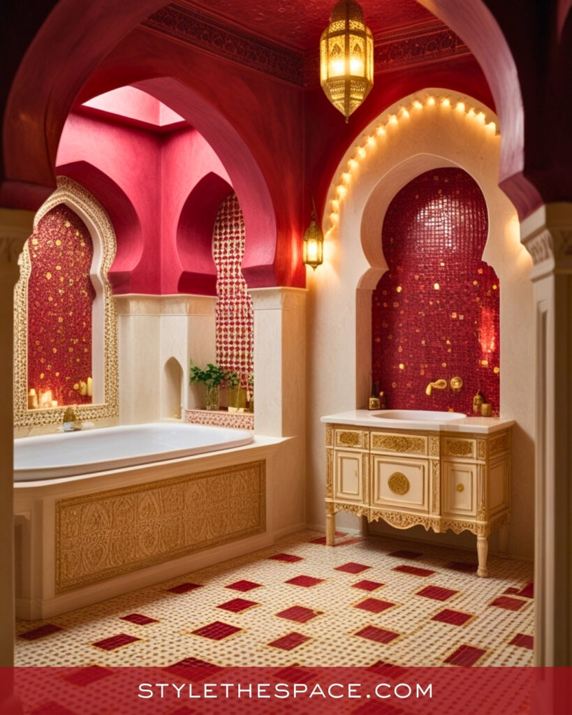 Moroccan-Inspired Red Bathroom With Ornate Gold Details