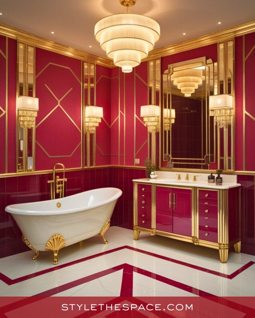 Luxury Red Bathroom With Gold Art Deco Glamour