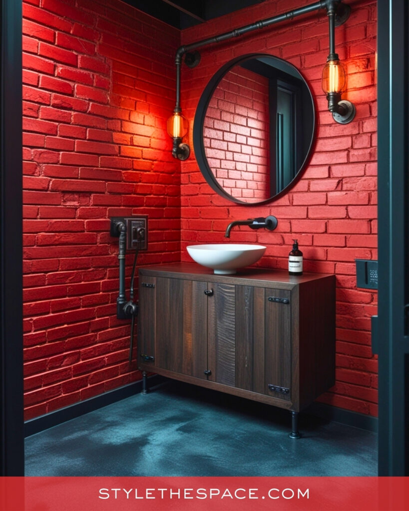 Industrial Red Bathroom With Dark Wood and Black Hardware