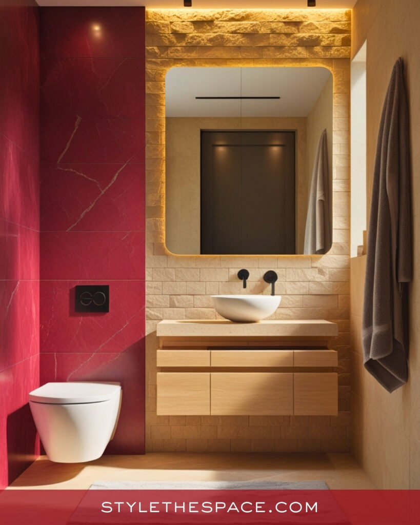Modern Red Bathroom With Warm Wood and Stone