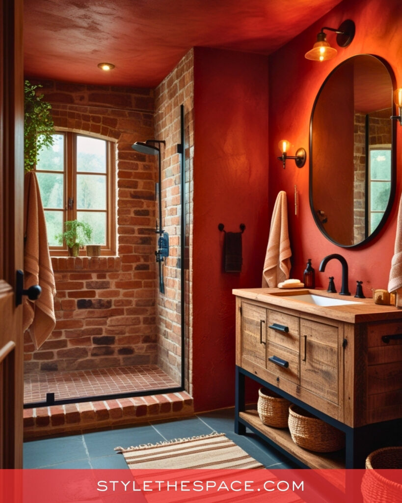 Warm Red Bathroom With Rustic Brick Accents