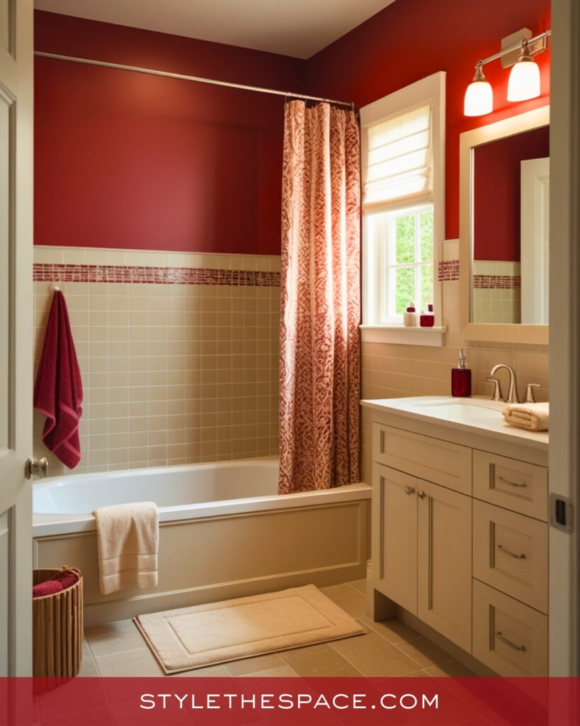 Soft Red Bathroom With Cream Tile and Classic Comfort