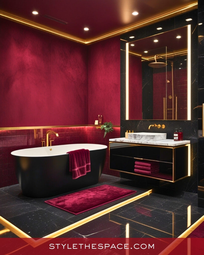 Luxury Red Bathroom With Black and Gold Accents