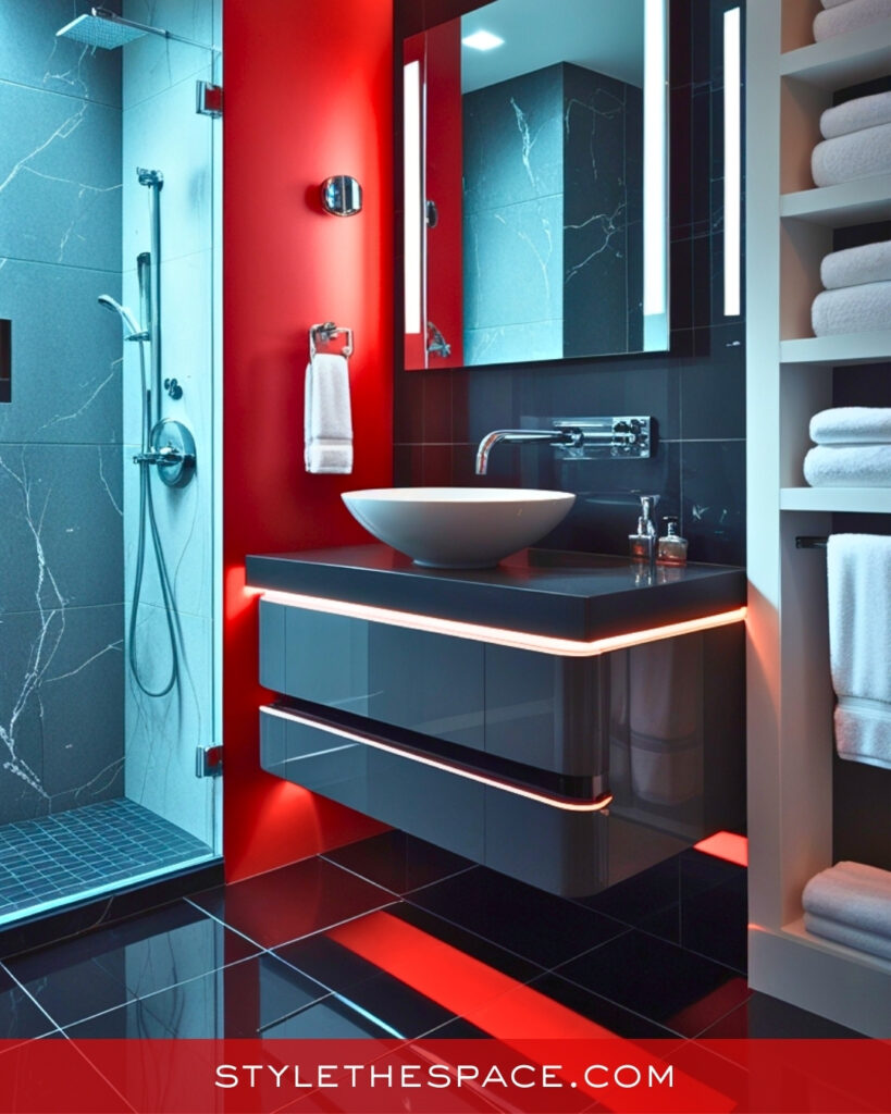 Sleek Modern Red Bathroom With Glossy Black Finishes