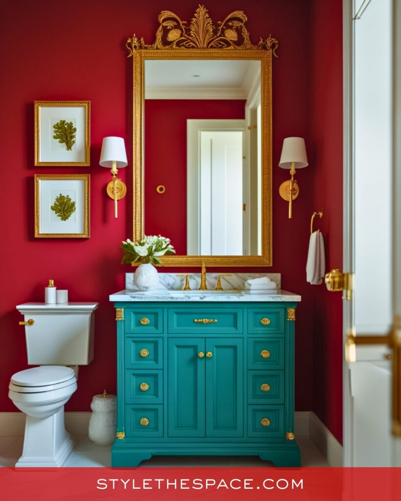 Elegant Red Bathroom With Teal Vanity and Gold Details