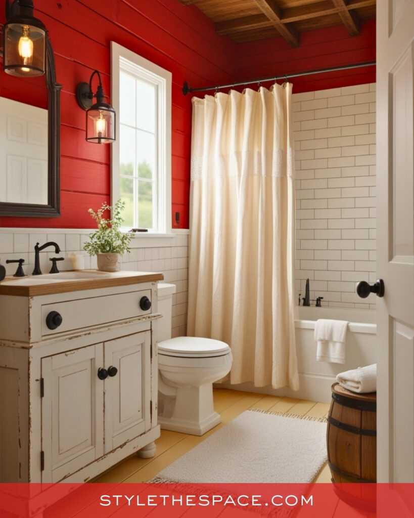 Farmhouse Red Bathroom With Soft Neutral Layers