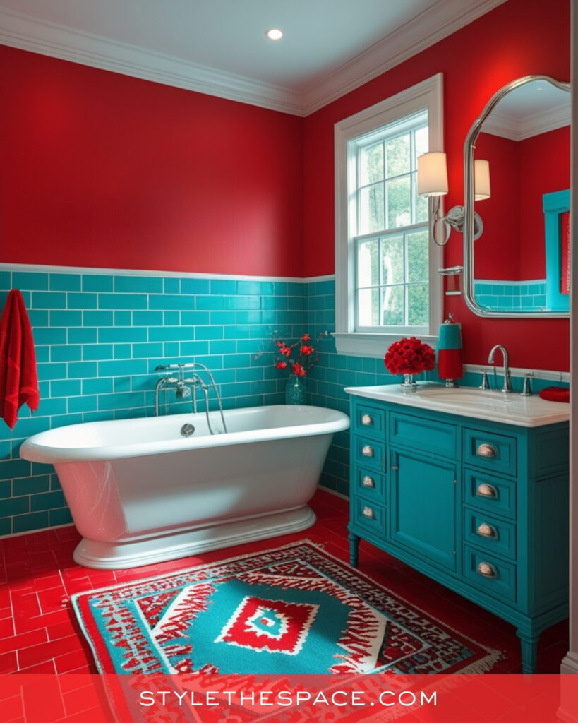 Red Bathroom With Teal Tile and Vintage Flair