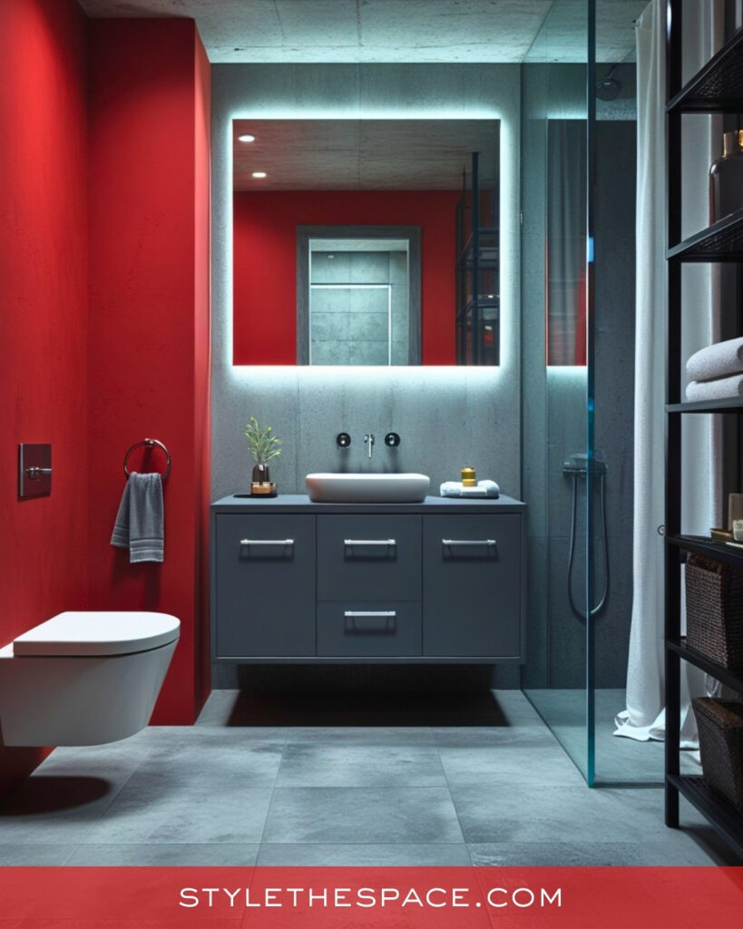 Modern Red Bathroom With Concrete and Grey Tones