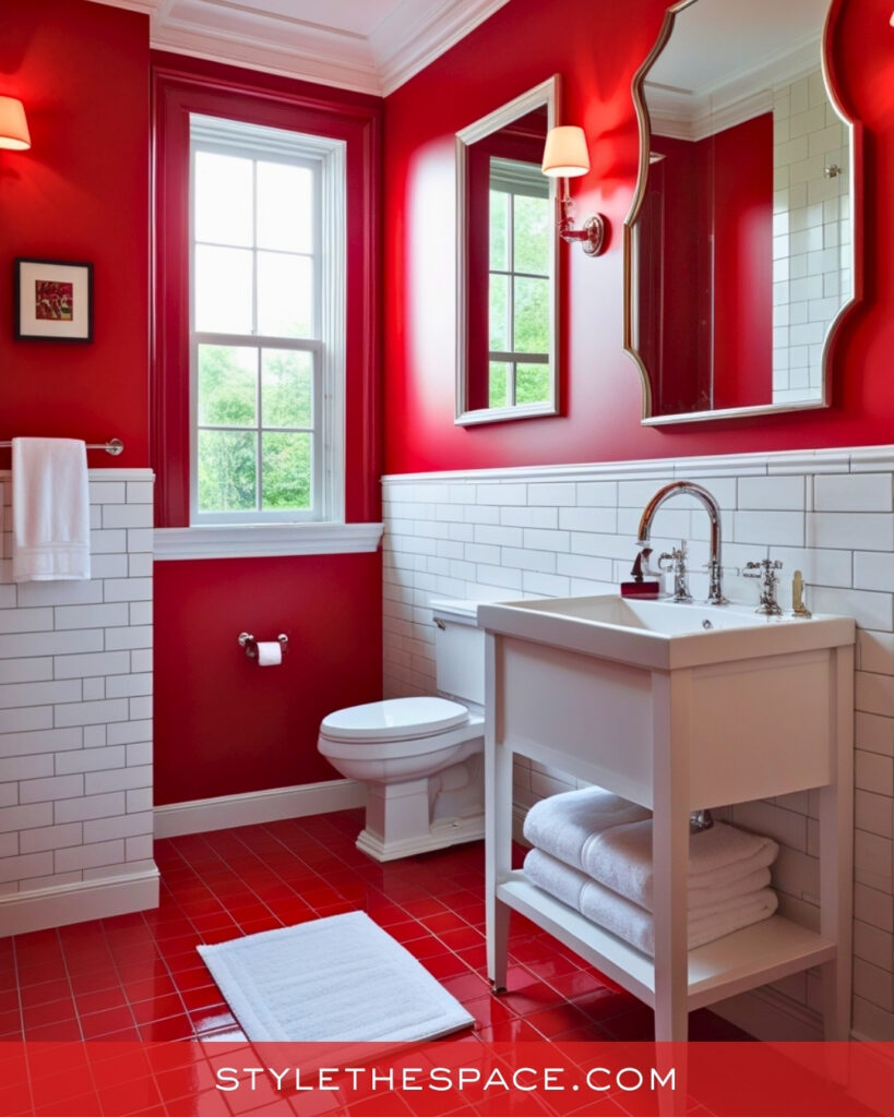 Classic Red Bathroom With Crisp White Contrast