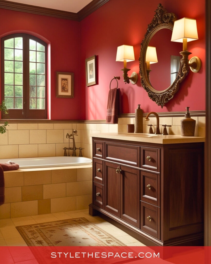 Elegant Red Bathroom With Warm Traditional Details