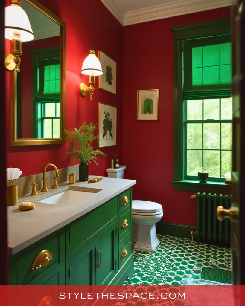 Red Bathroom With Green Cabinetry and Classic Charm
