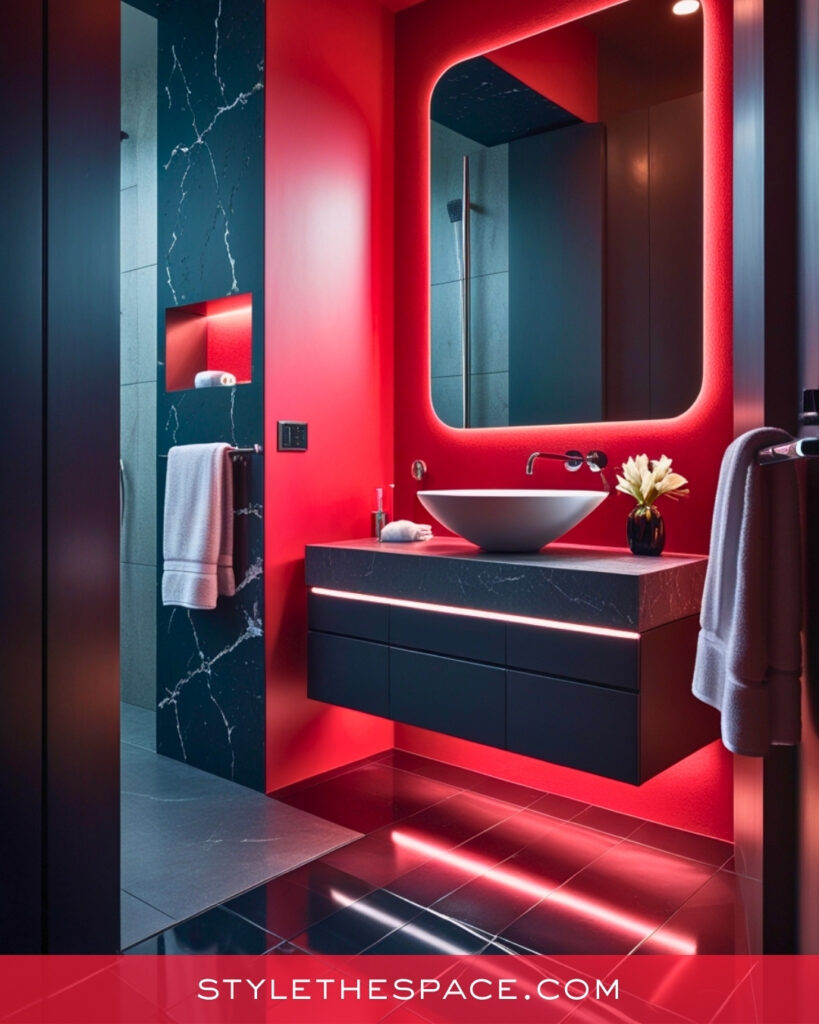 Modern Red Bathroom With Black Stone Accents
