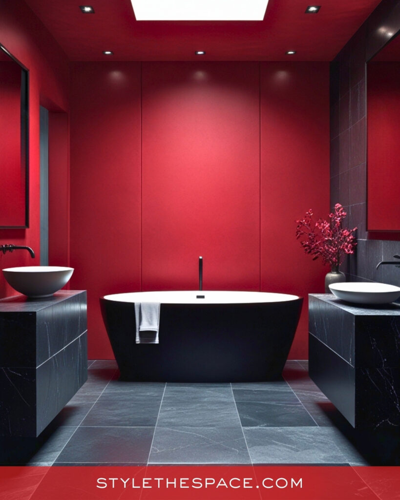 Bold Red Bathroom With Black Minimalist Design