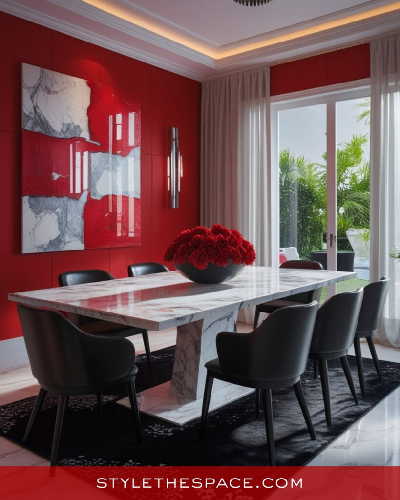Modern Red Dining Room With Marble and Black Accents