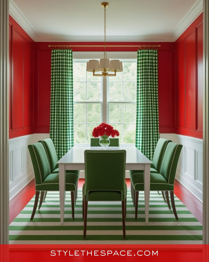 Preppy Red Dining Room With Green and White Details
