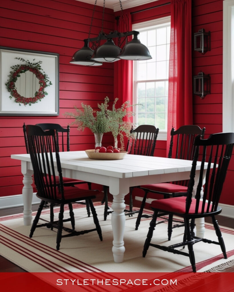 Rustic Red Dining Room With White and Black Contrast
