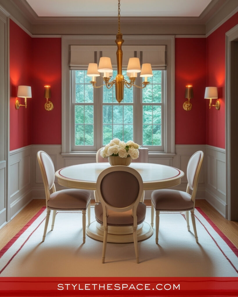 Elegant Red Dining Room With Soft Neutrals and Classic Details